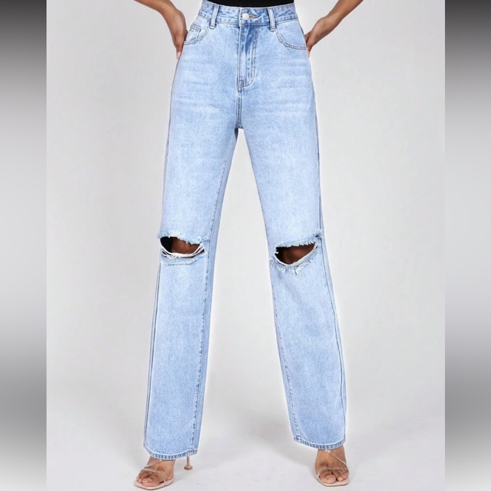 Blue Straight Leg Distressed Jeans